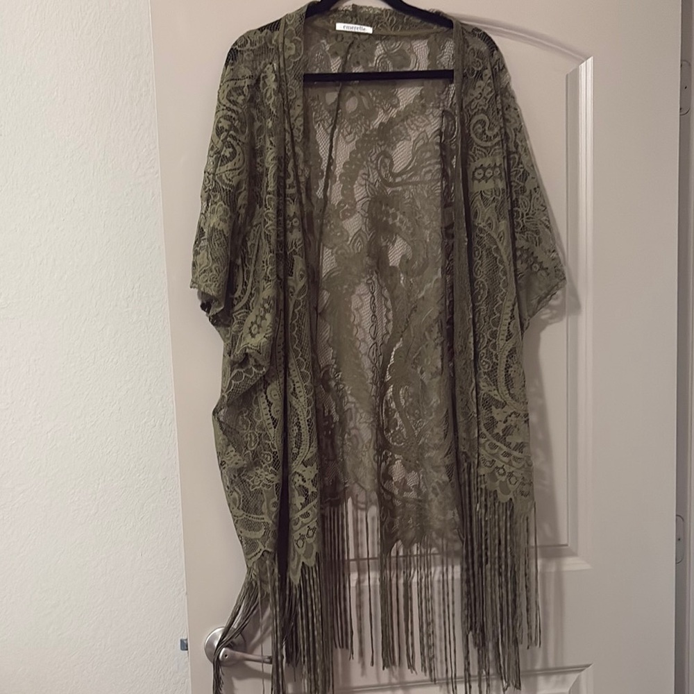 Emerette Olive Green Lace Kimono with Fringe fits most, XL